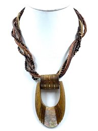 Unique Multistrand Earthtone Necklace W/ Wood & M.O.P. Pendant