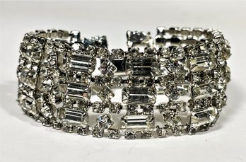 Rhodium Plated White Wide Rhinestone Bracelet Vintage