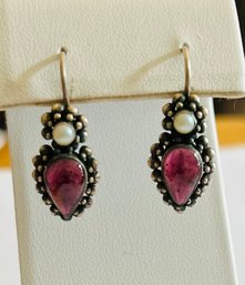 GORGEOUS STERLING SILVER PINKISH PURPLE GEMSTONE AND PEARL EARRINGS