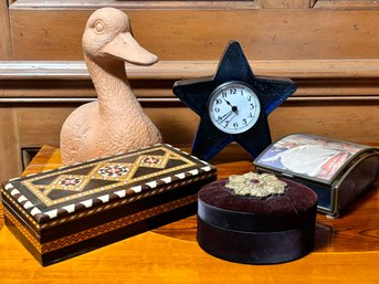 A Desktop Decor Assortment - Moroccan Box, Terra Cotta Duck, Glass Star Clock And More!