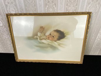 Vintage Bessie Pease Gutmann 'Awakening' Baby Colored Lithograph Print - Framed