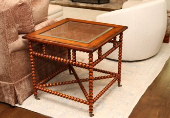 Bobbin Square Table With Bevel Glass Insert Over Wood And Brass Casters