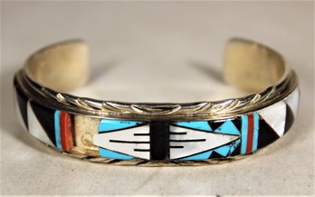 Southwestern Signed Stone Inlay Cuff Bracelet Turquoise Onyx Coral