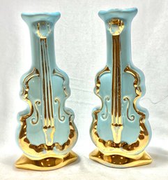 Vintage Pair Of Holley Ross Wall Planter Violins In Light Blue W/ Gold Accents