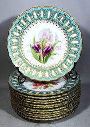 Dozen Super Fine Antique Spode Hand Painted Botanical Plates Turquoise Gold Trimmed