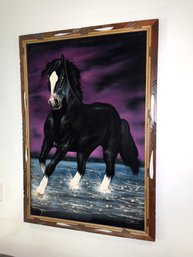 Vintage Stallion Painting On Black Velvet Signed Ortiz