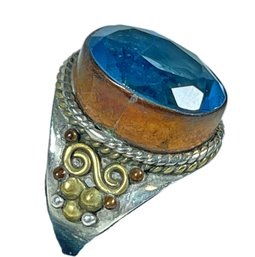 Sterling Silver Mixed Metals Ring W Large Blue Faceted Stone About Size 7