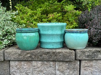 Three Compatible Planters In Varying Shades Of Turquoise Glazed Terracotta