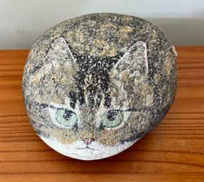 Hand Painted Rock With Cat Face ~ Signed ~