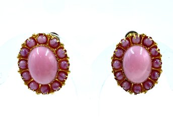 Fantastic Vintage Bohemian Pink Cabochon & Goldtone Earrings - Czechoslovakia