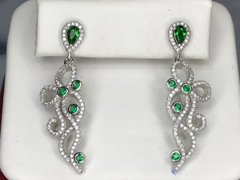 Gorgeous And Very Elegant Sterling Silver / 925 Chandelier Earrings With Emeralds And White Zircons - WOW !