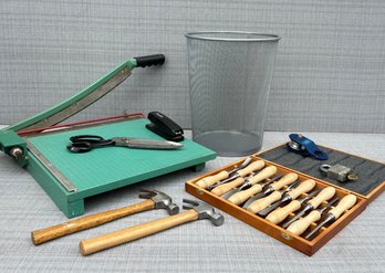 A Vintage Paper Cutter, Chisels, And Assorted Hand Tools