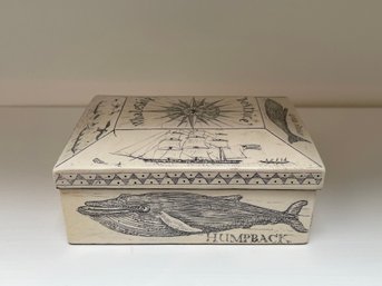 COMOY'S OF LONDON VINTAGE FAUX ANTIQUE SCRIMSHAW BOX WHALE, MARITIME & MERMAID ETCHINGS