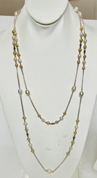 VINTAGE LONG STERLING SILVER WHITE & CHAMPAGNE PEARL NECKLACE