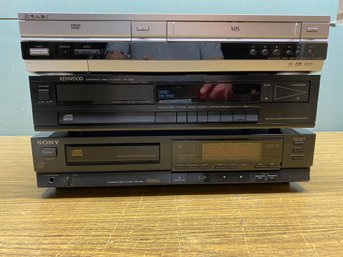Two Compact Disc CD Players, Sony CDP-550  Kenwood DP-560  Sony DVD/VHS Player Hi-Fi Stereo SLV-D360P.