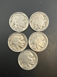 5 Buffalo Nickels 1936, 1936-D, 1937, 1937-D, 1938-D