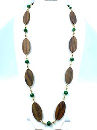 Walnut Wood Disc Necklace W/ Green Beads