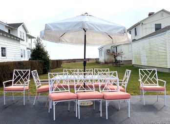 Metal Bamboo Shape Outdoor Glass Top Dining Set With Like New Cushions And Fringed Market Umbrella With Base