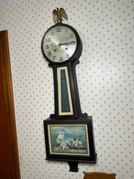 Antique New Haven Clock Company War Of 1812 Ship Scene Banjo Clock With Key