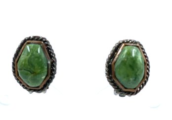 Artistic One Of A Kind Sterling Silver Clip Earrings W/ Natural Green Stones