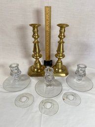 Pair Of Brass Candlestick Holders 9.5in, 3 Glass Candlestick Holders W/bobeche 4in No Chips