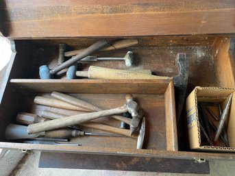 Wooden Box With A Collection Of Vintage Hammers.