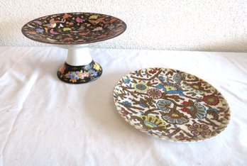 Asian Bird Theme Candy Or Mint Pedestal Stand And Colorful Plate