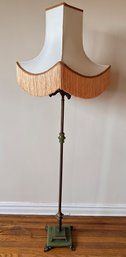 Antique Floor Lamp With Green Glass Base & Silk Fringed Shade