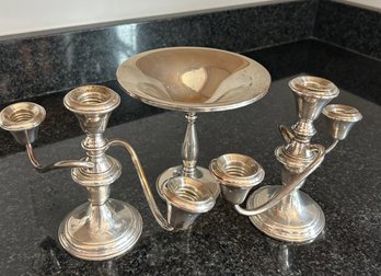 Weighted Sterling Candlestick Holders And Compote