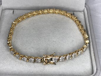 Lovely 925 / Sterling Silver With 14KT Gold Overlay With White Zircons Tennis Bracelet - Lots Of Sparkle !