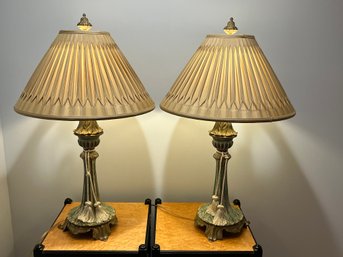 Pair Of Painted Metal Fluted Columnar Table Lamps With Brass Feet - Pleated Silk Shades