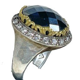 Large Sterling Silver Faceted Dark Stone Ring Surrounded By Small White Stones