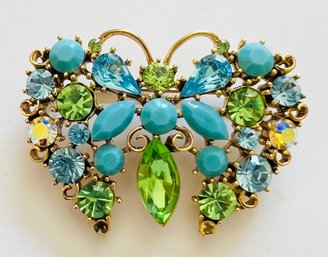 VINTAGE BLUE AND GREEN RHINESTONE GOLD TONE BUTTERFLY BROOCH