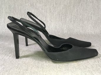 Very Nice New CALVIN KLEIN Black Leather Sling Back Heels - Size 7.5M US / 38 Eur - Rectangular Heel - NICE !