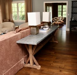 Rustic Reclaimed Distressed Wood Console Trestle Table With Zinc Metal Top And X-Brace Design