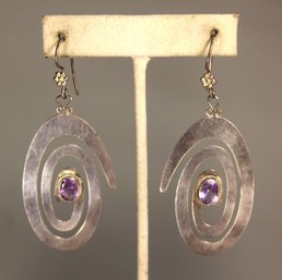 FINE HAND CRAFTED STERLING SILVER ARTISAN PIERCED EARRINGS HAVING AMETHYST STONES