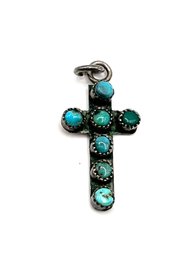 Vintage Native American Style Sterling Silver Turquoise Color Cross Pendant