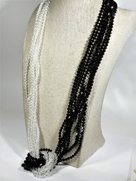 Vintage Black And White Fine Cut Crystal Beaded Necklace & Earrings Rhinestone Clasp