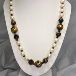 Beautiful Genuine Cultured Baroque Pearls With Etched / Gilded Tiger Eye Bead Necklace - Very Pretty Piece