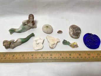 Mermaid Figurines Japan, Cobalt Blue Pressed Glass Pendent, Carved  Stone,  Seashells