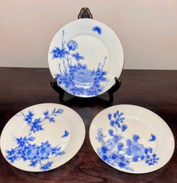 3 Japanese Inspired Blue & White Hand Decorated Bone China Dinner Plates With A Lovely Botanical Motif