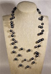 Fine Sterling Silver Asian Character Clasp Dark Cultured Pearl Necklace Multi Strand