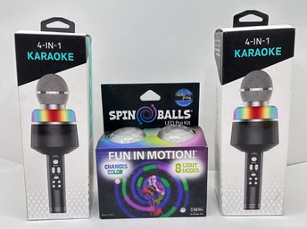 2 Karaoke Mics & Spin Balls LED Poi Kit Falshing Light Toy