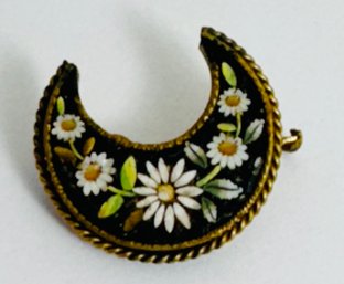 ANTIQUE MICRO MOSAIC CRESCENT MOON WITH DAISY WREATH BROOCH