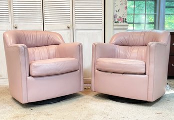 A Pair Of Fabulous Vintage Swivel Based Club Chairs By Hancock & Moore In Pink Leather!