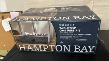 Brand New Un Opened Hampton Bay Table Top Gas Fire Pit Faux Wood Finish In Original Box. RC/ A5