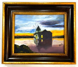 A Vintage Mid Century Acrylic On Canvas, Windmill Scene, Initialed By Artist, AVD