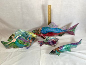 4 Vintage Hand Painted Mermaids On Fish Figurine Signed Debbie Detwiller Smith
