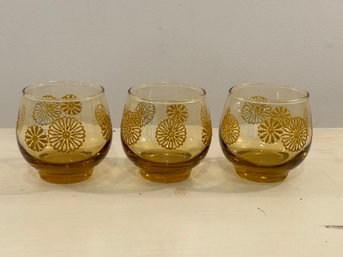 Vintage Libbey Amber Sunburst Roll Poly Set Of 3 Glasses