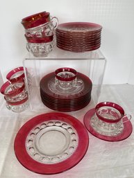 30 Piece Lot King's Crown Ruby Flashed Cups Saucers Plates